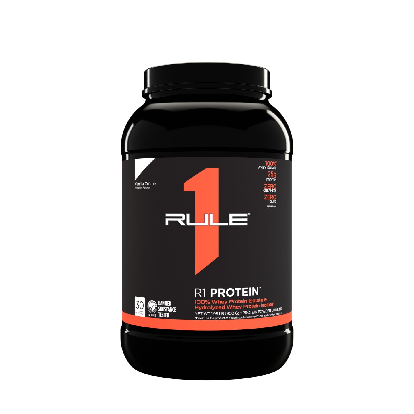 Rule 1 protein powder container on a white background