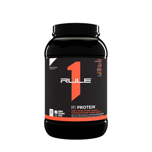 Rule 1 protein powder container on a white background