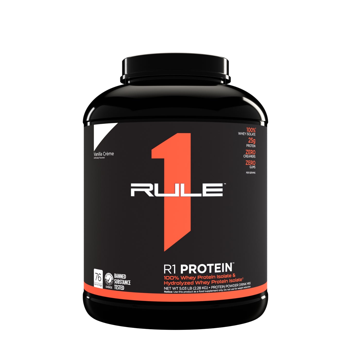 Black protein supplement container with 'Rule 1' branding on a white background