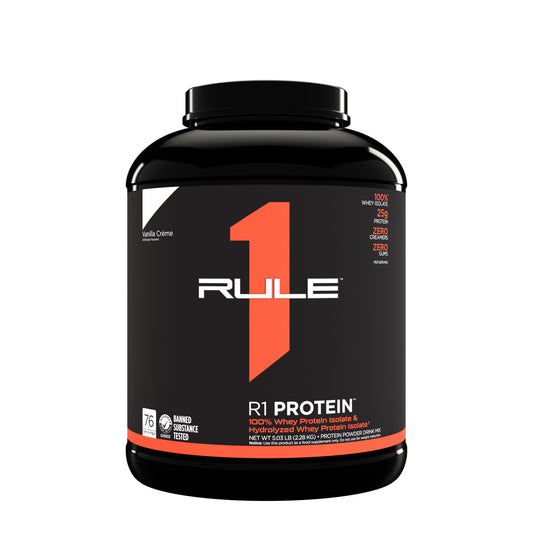 Black protein supplement container with 'Rule 1' branding on a white background