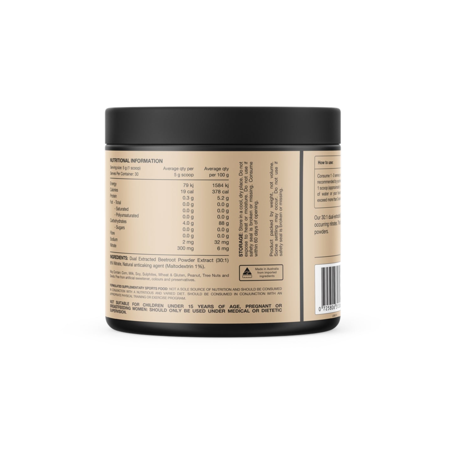 Black container with a detailed label on a white background
