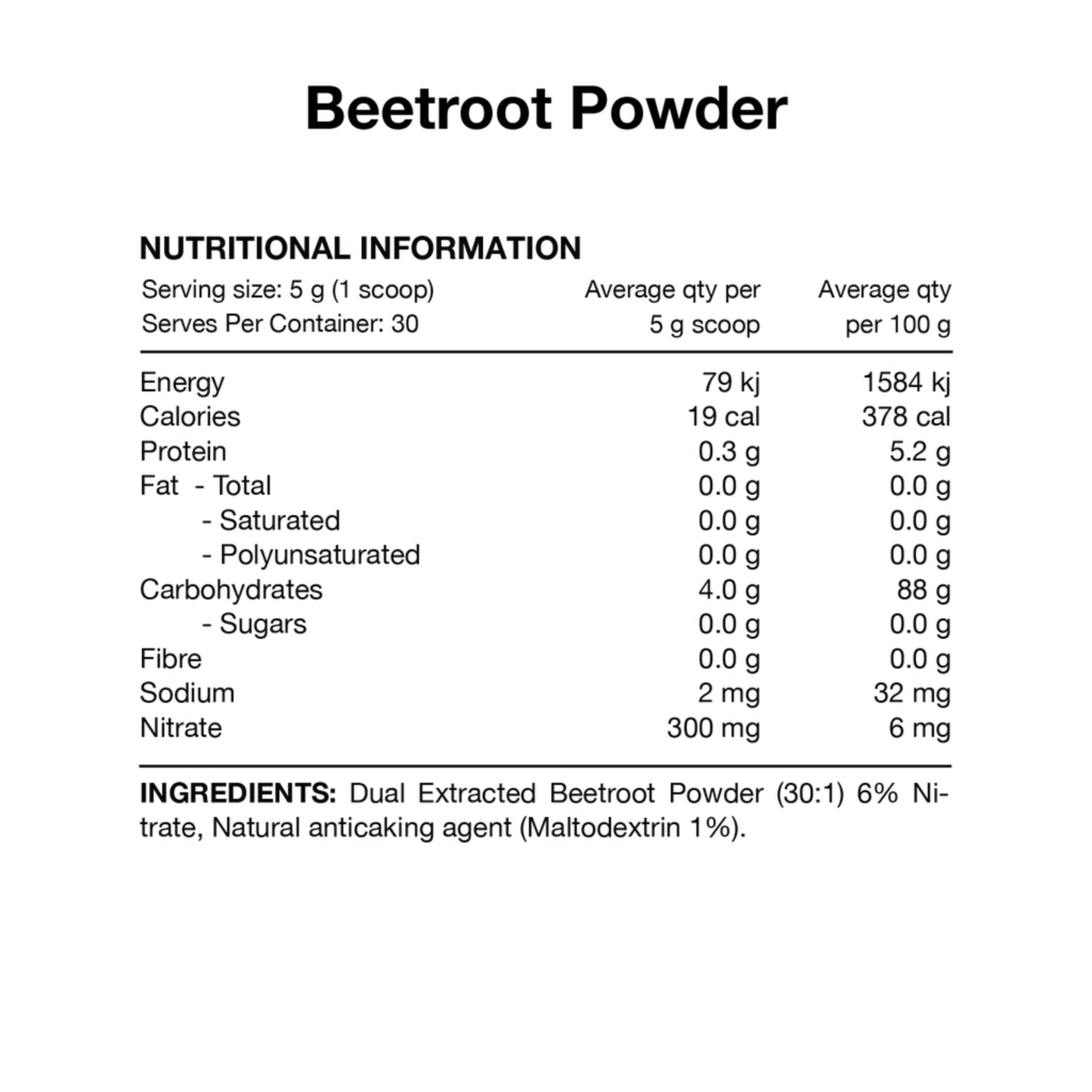 Nutritional information and ingredient list for beetroot powder on a white background