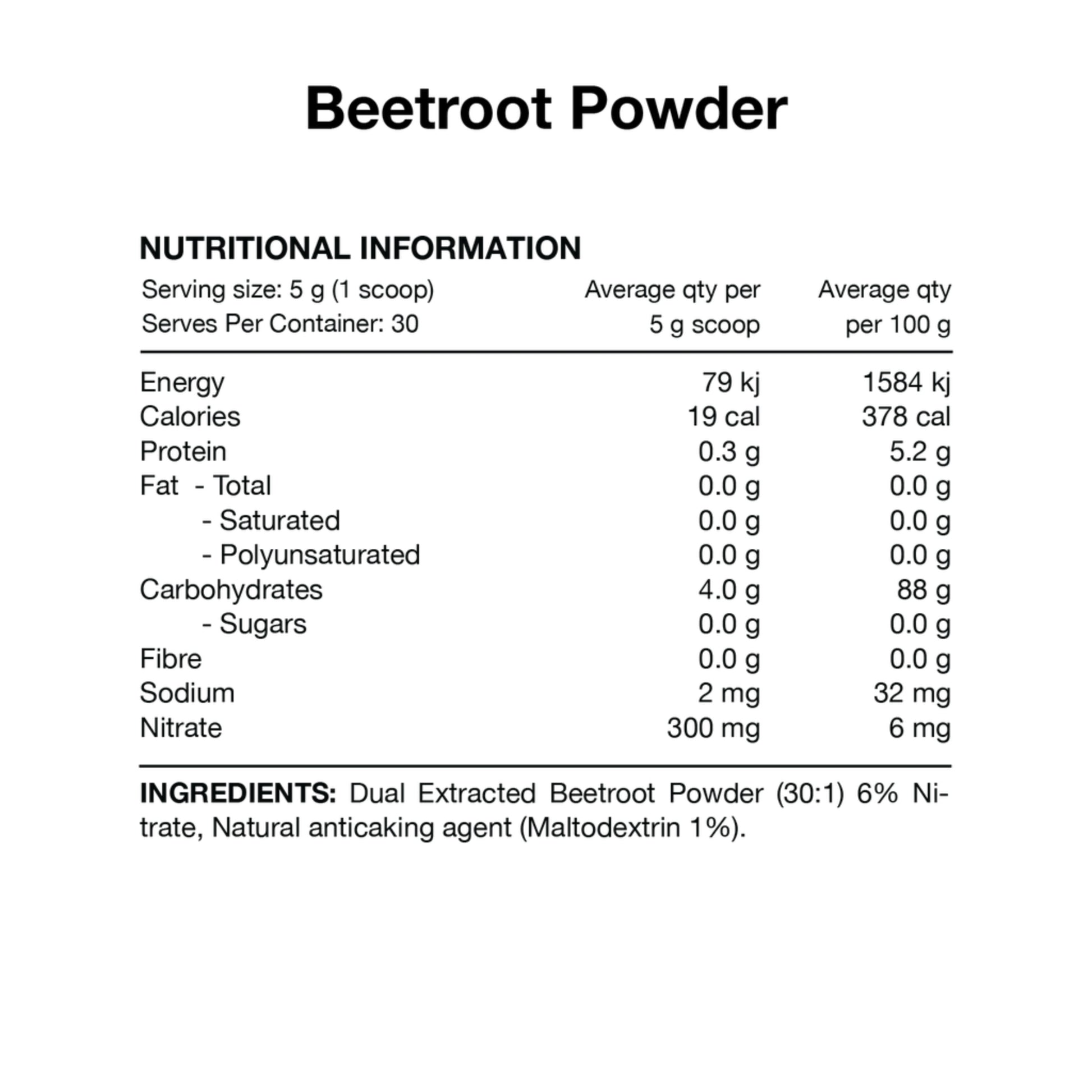 Nutritional information and ingredient list for beetroot powder on a white background