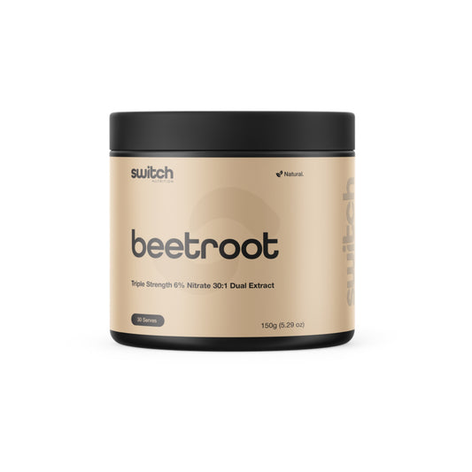 Beetroot powder container with 'switch' branding on a white background