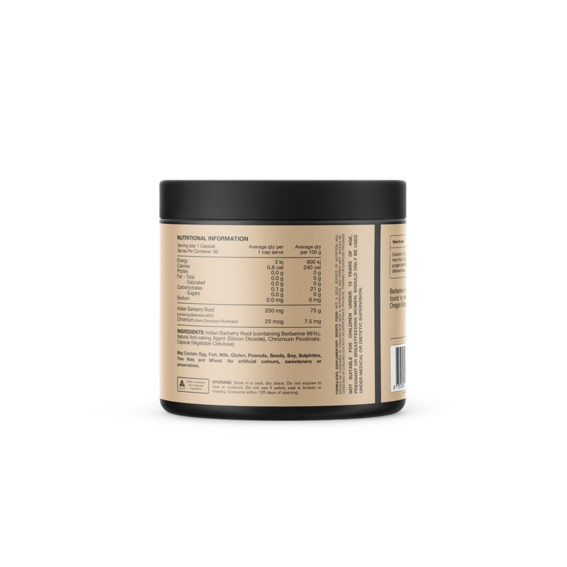 Nutritional information label on a supplement container with a white background