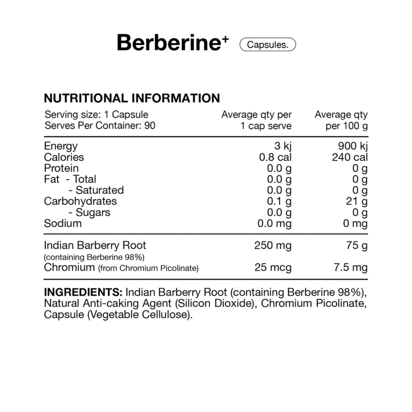 Nutritional information label for Berberine+ capsules on a white background