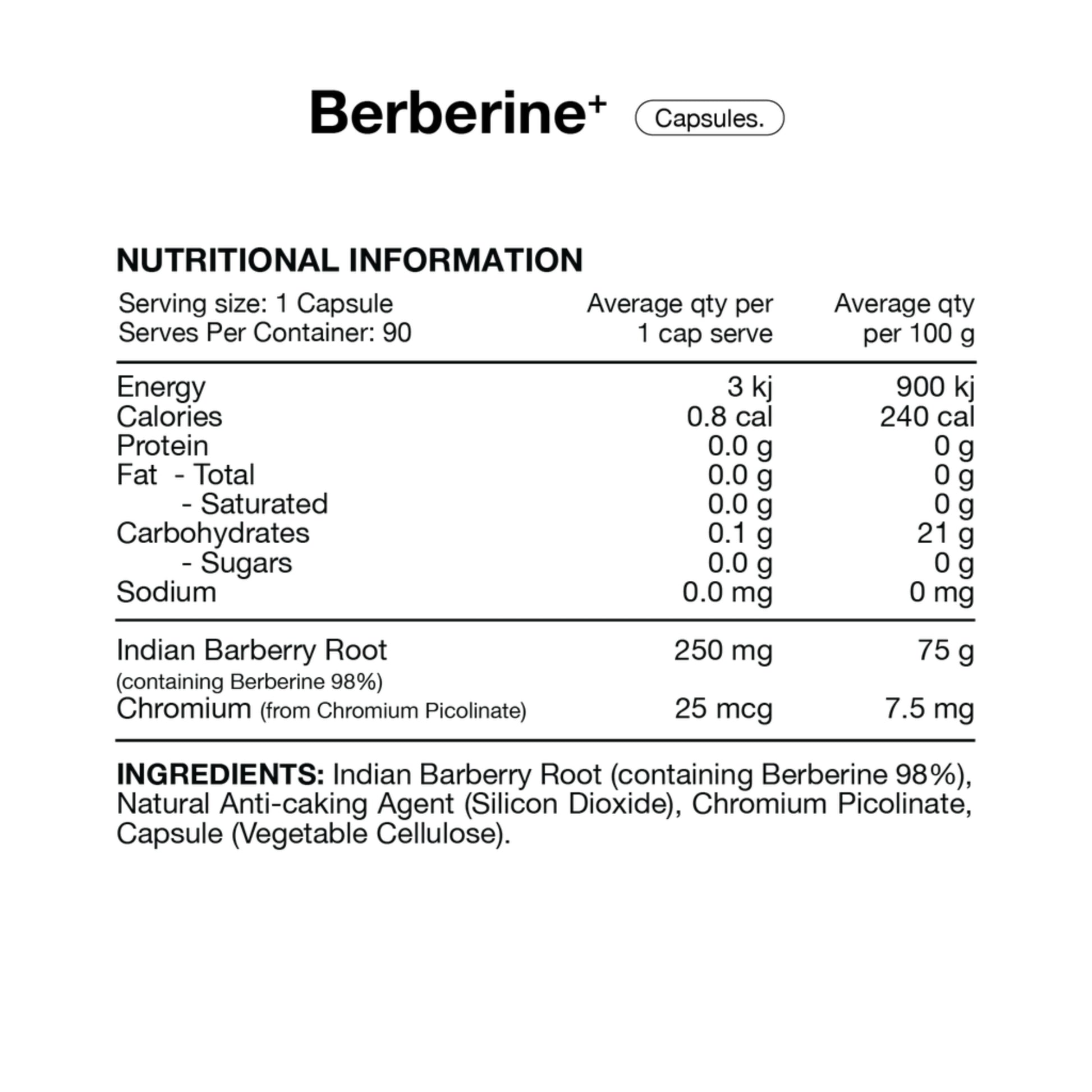 Nutritional information label for Berberine+ capsules on a white background