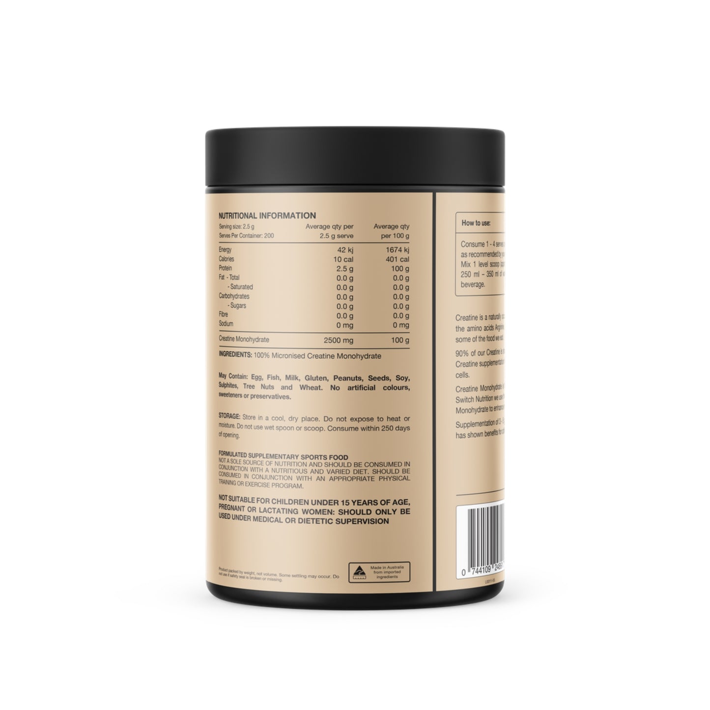Nutritional information label on a supplement container with a white background