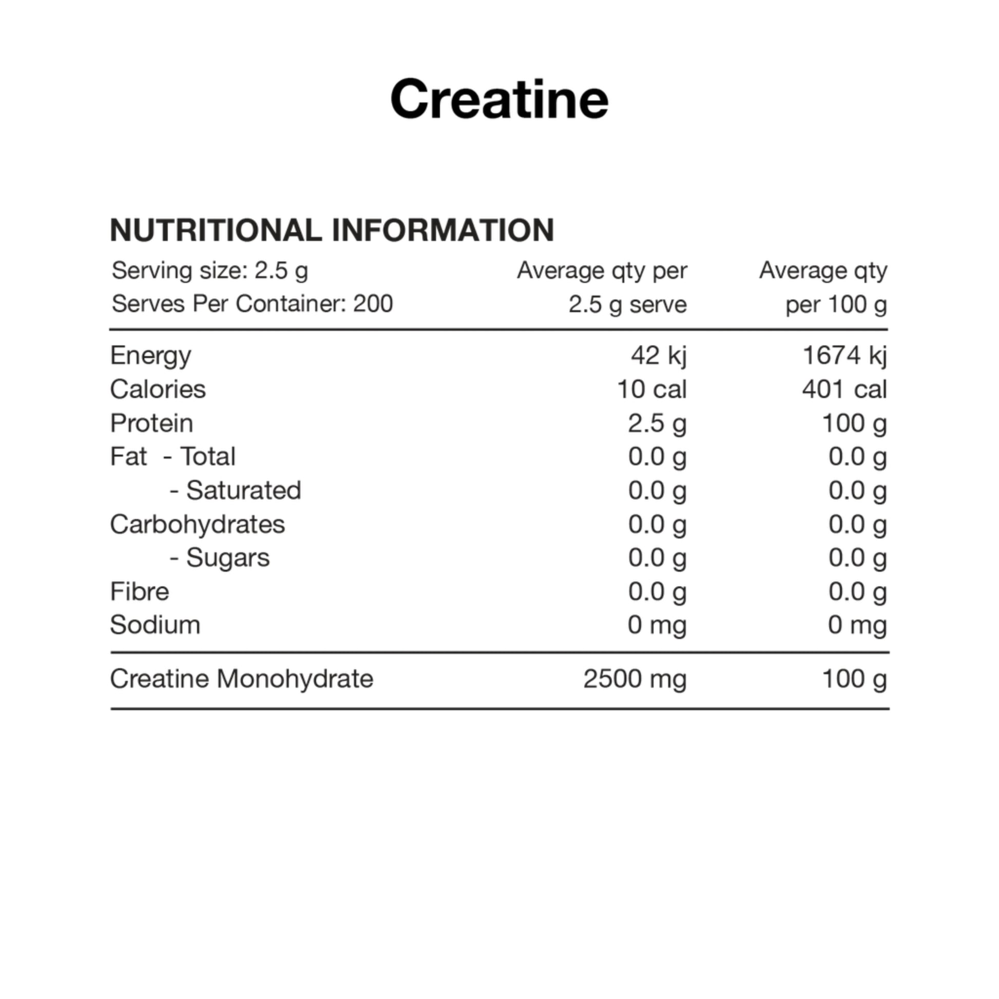 Nutritional information label for creatine on a white background
