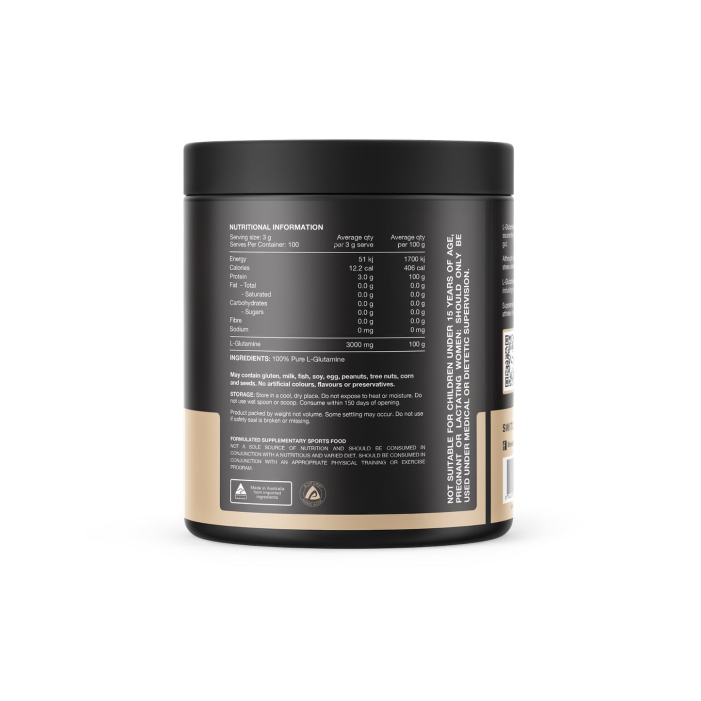 Black container with nutritional information and ingredient list on a white background