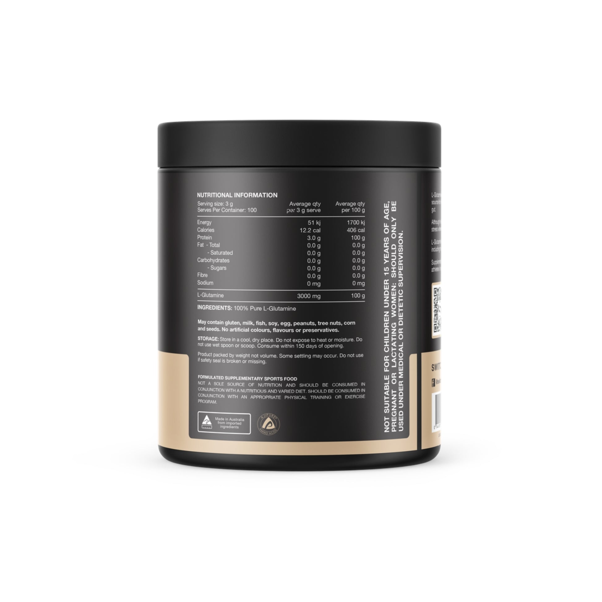 Black container with nutritional information and ingredient list on a white background