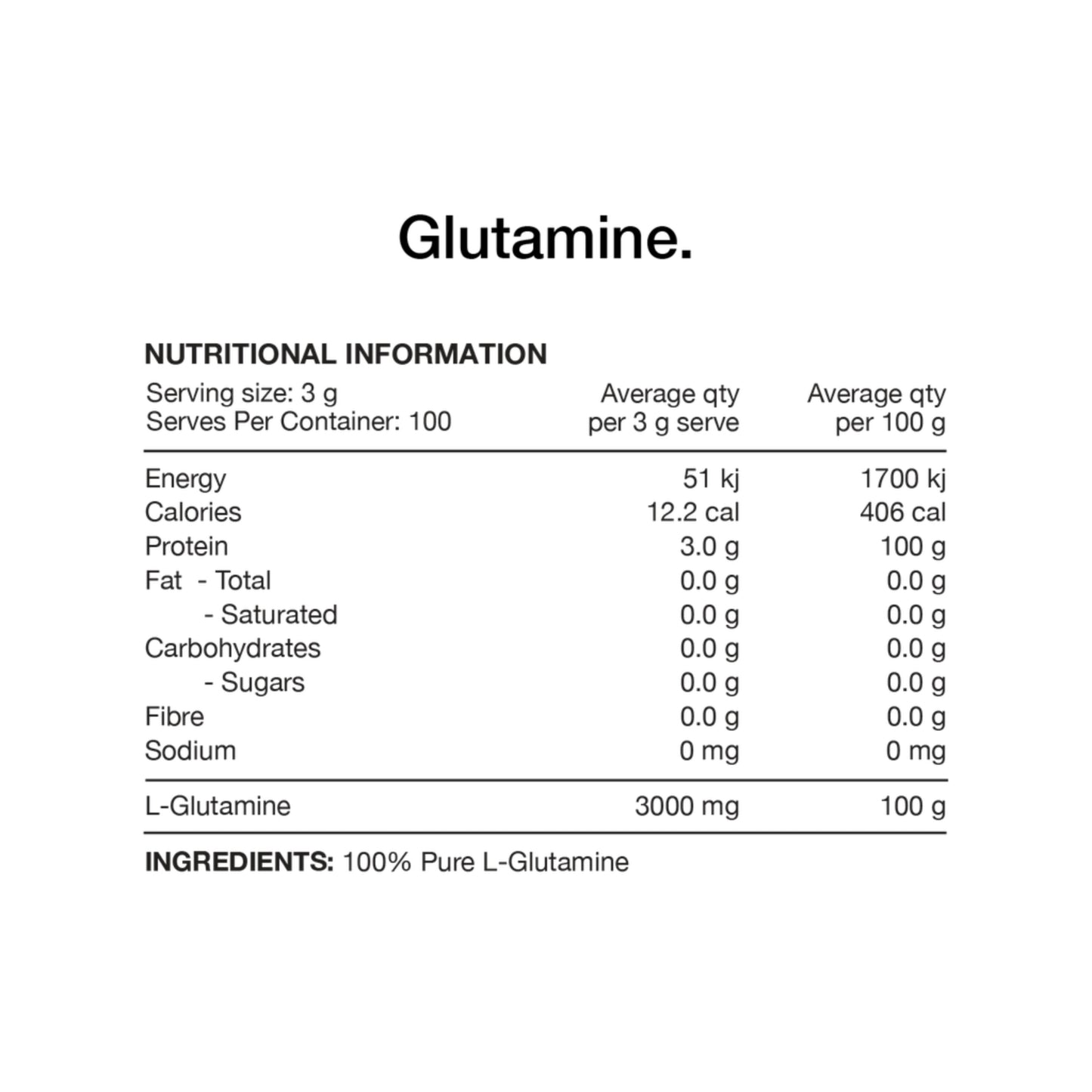 Nutritional information label for glutamine on a white background