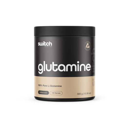 Black and beige container of glutamine powder with 'switch' branding on a white background