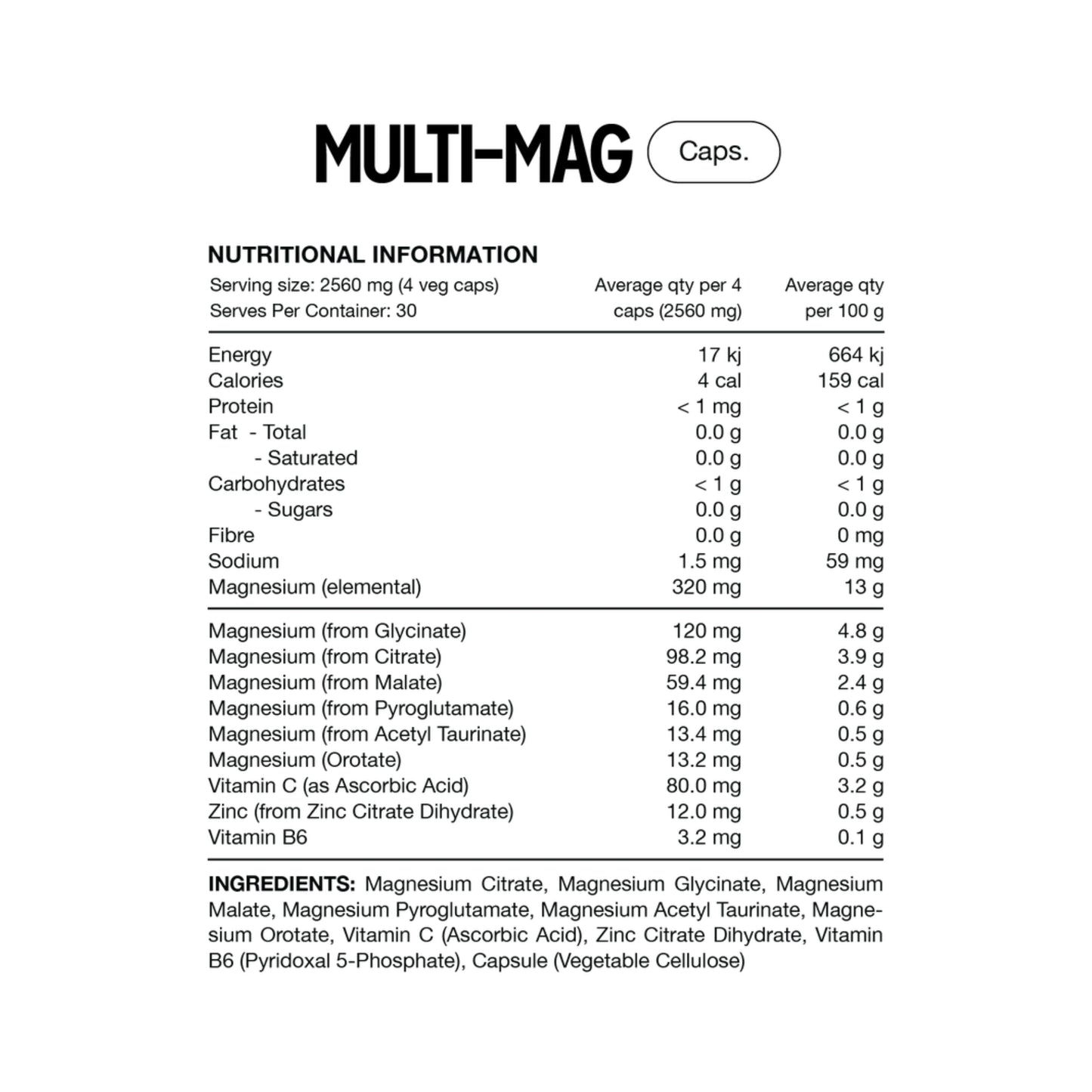 Nutritional information label for Multi-Mag Capsules on a white background