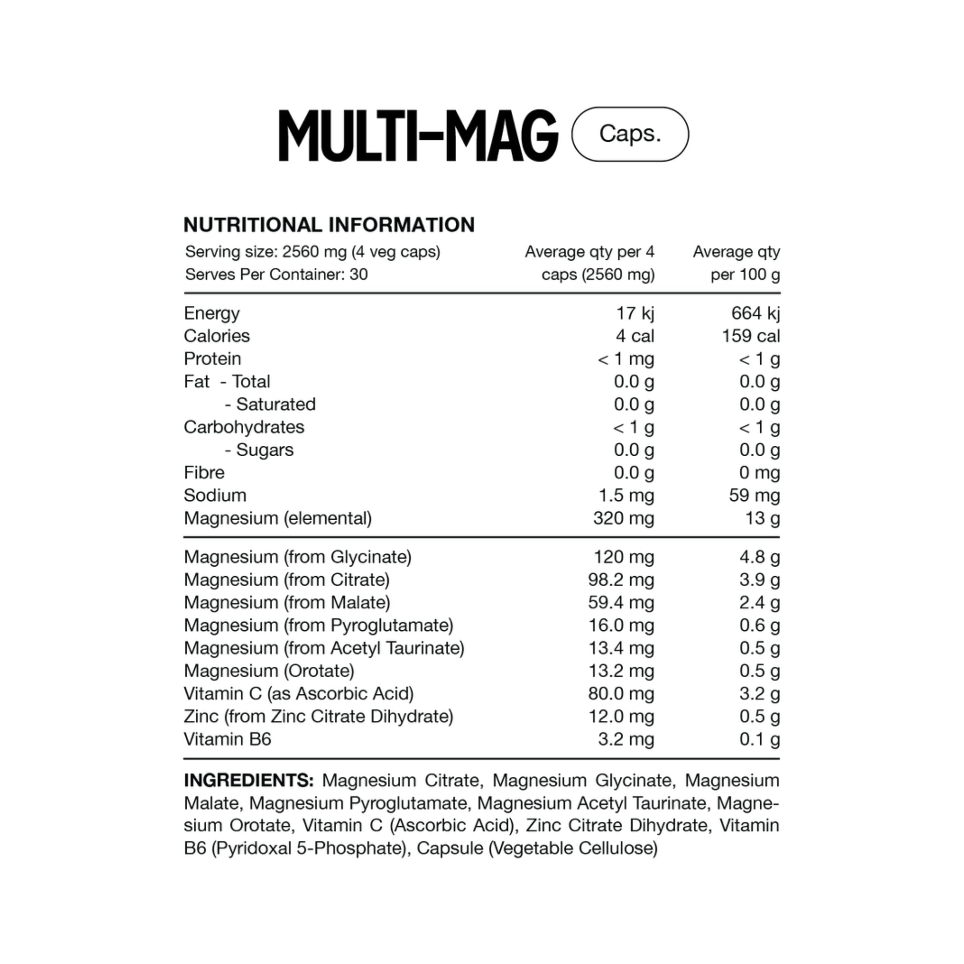Nutritional information label for Multi-Mag Capsules on a white background