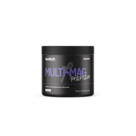 Black container of Switch Nutrition Multi-Mag Powder on a white background