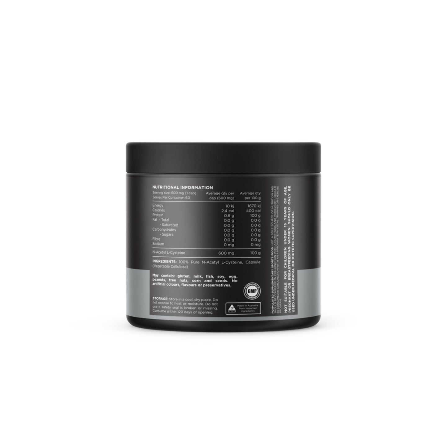 Black container with nutritional information label on a white background