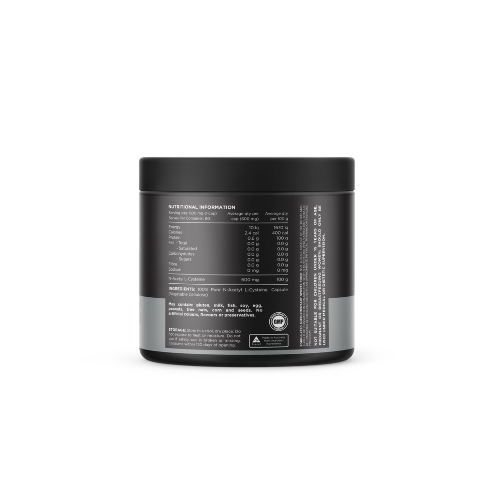 Black container with nutritional information label on a white background