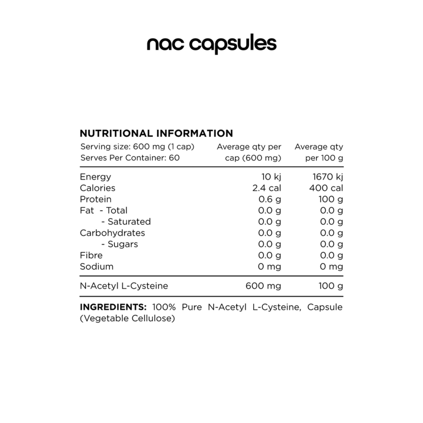 Nutritional information and ingredient details for NAC capsules on a white background