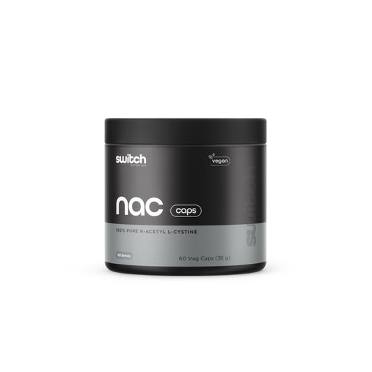 Black container of NAC caps with 'switch' branding on a white background