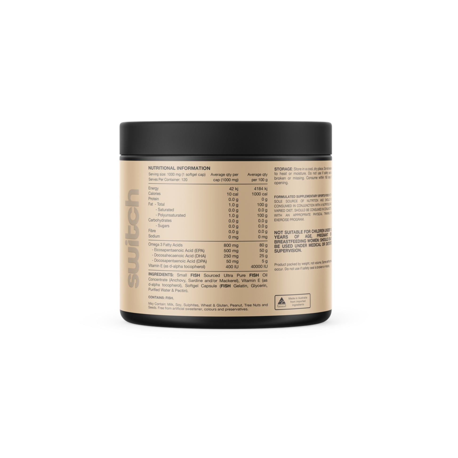 Supplement container with nutritional information on a white background