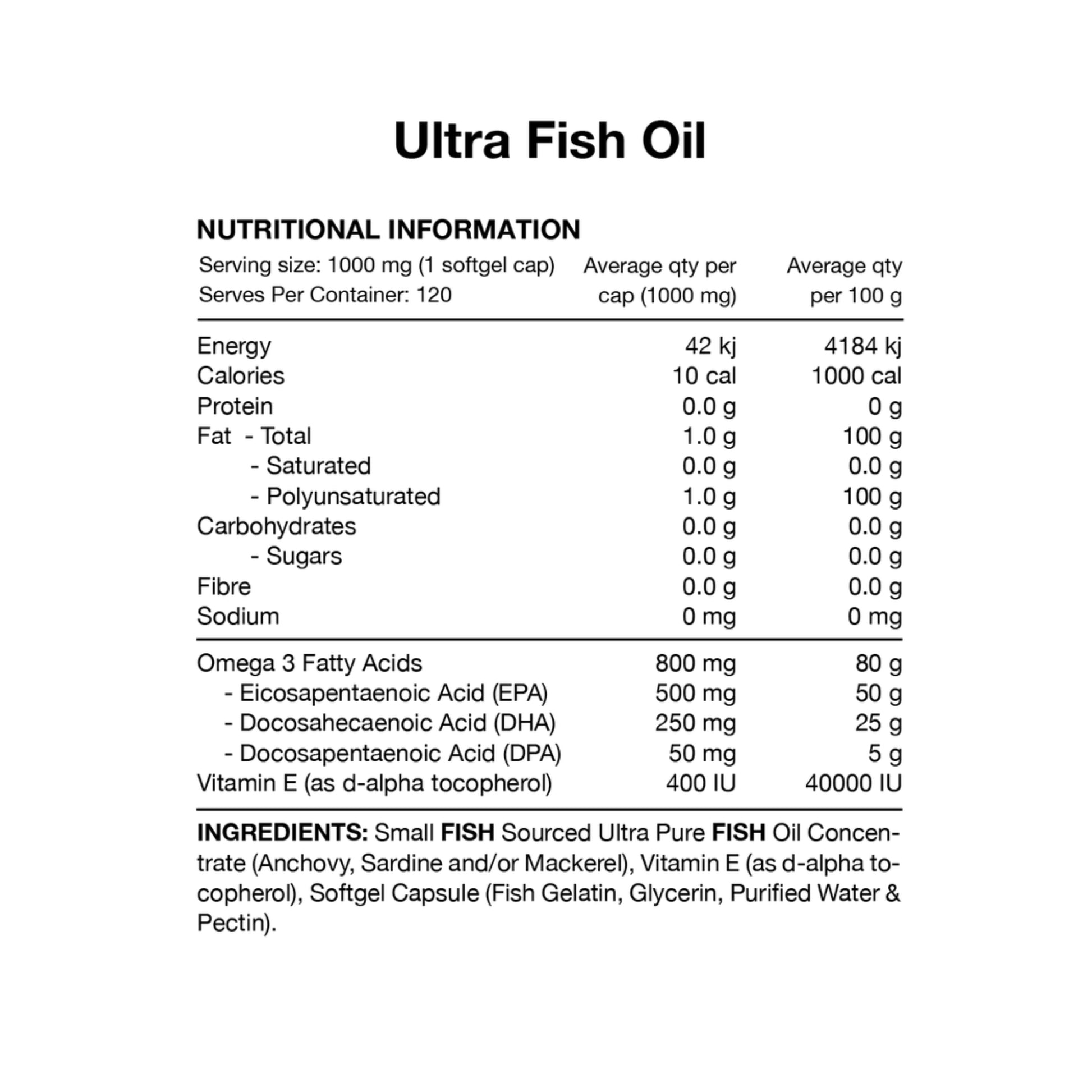 Nutritional information label for Ultra Fish Oil on a white background