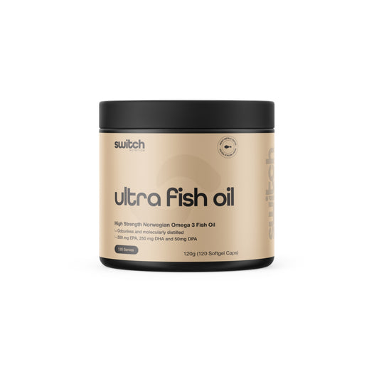 Container of ultra fish oil with black lid on a white background