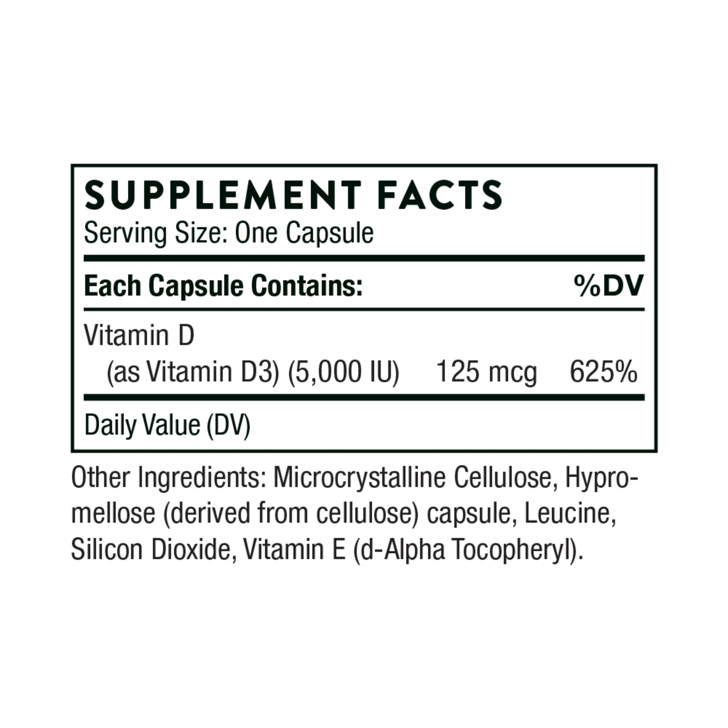 Supplement facts label for a Vitamin D capsule on a white background
