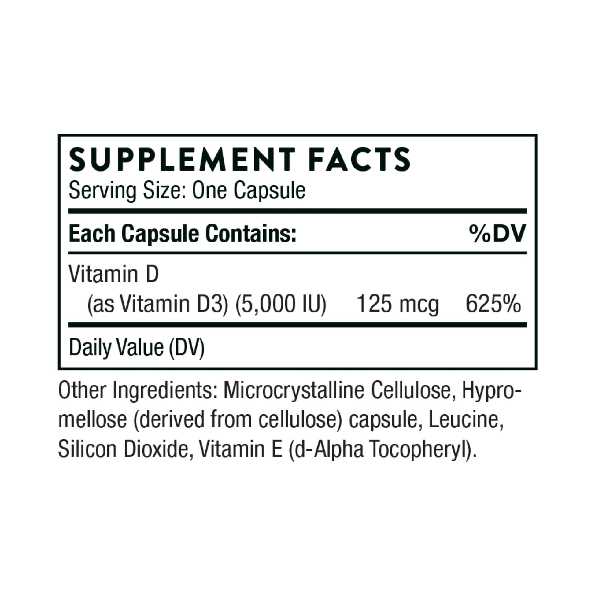 Supplement facts label for a Vitamin D capsule on a white background
