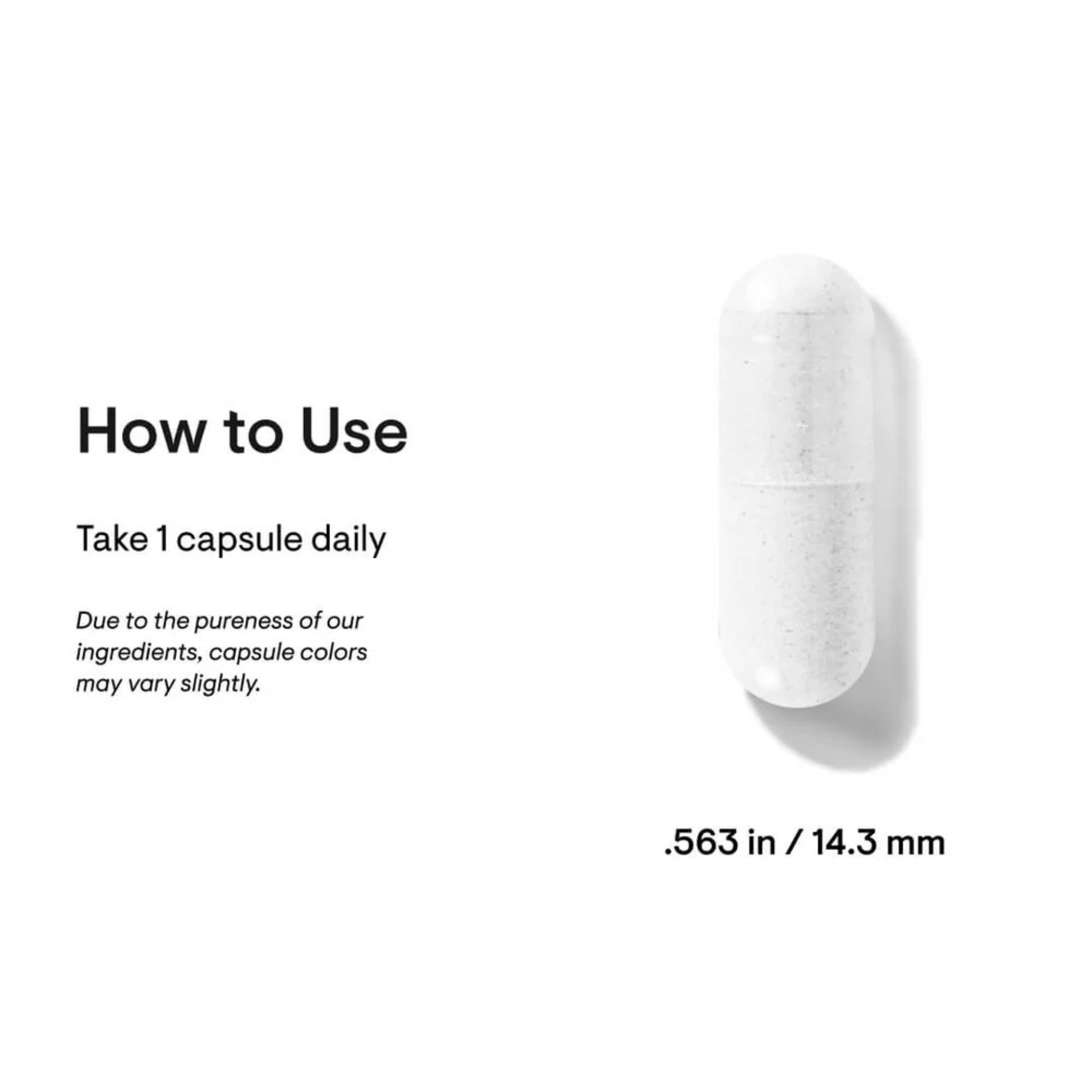 White capsule pill with text on how to use and product details on a white background