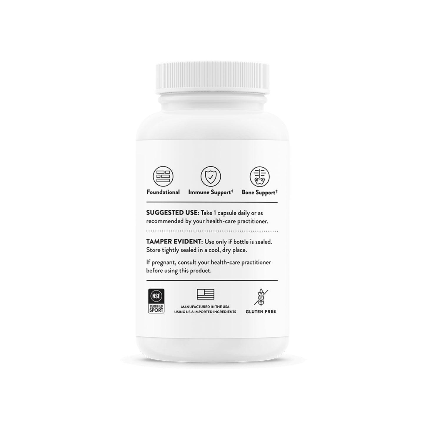 White supplement bottle with label on a white background