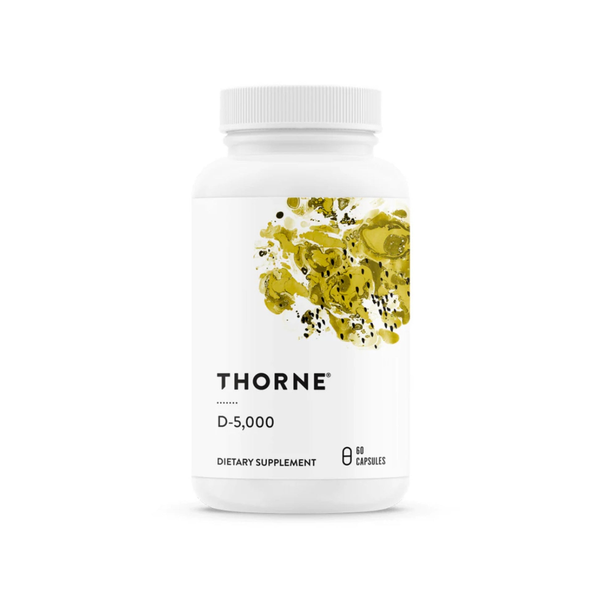 Thorne D-5,000 dietary supplement bottle on a white background