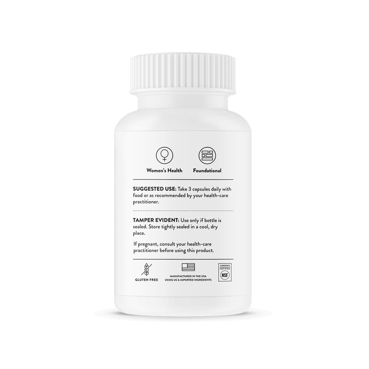 White supplement bottle with label on a white background
