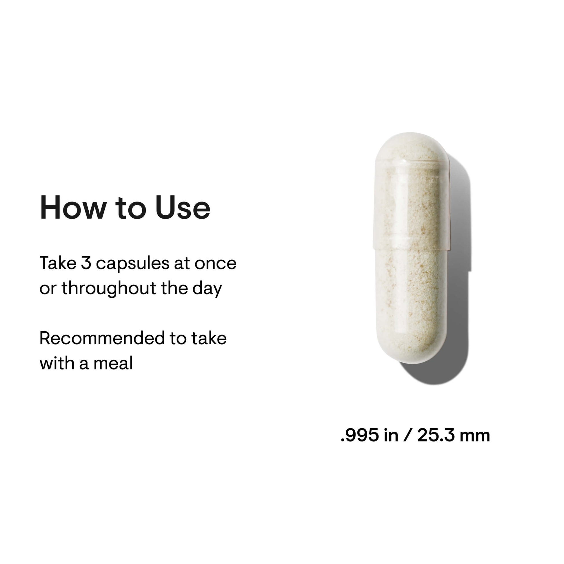 Capsule with text on how to use it and its dimensions on a white background