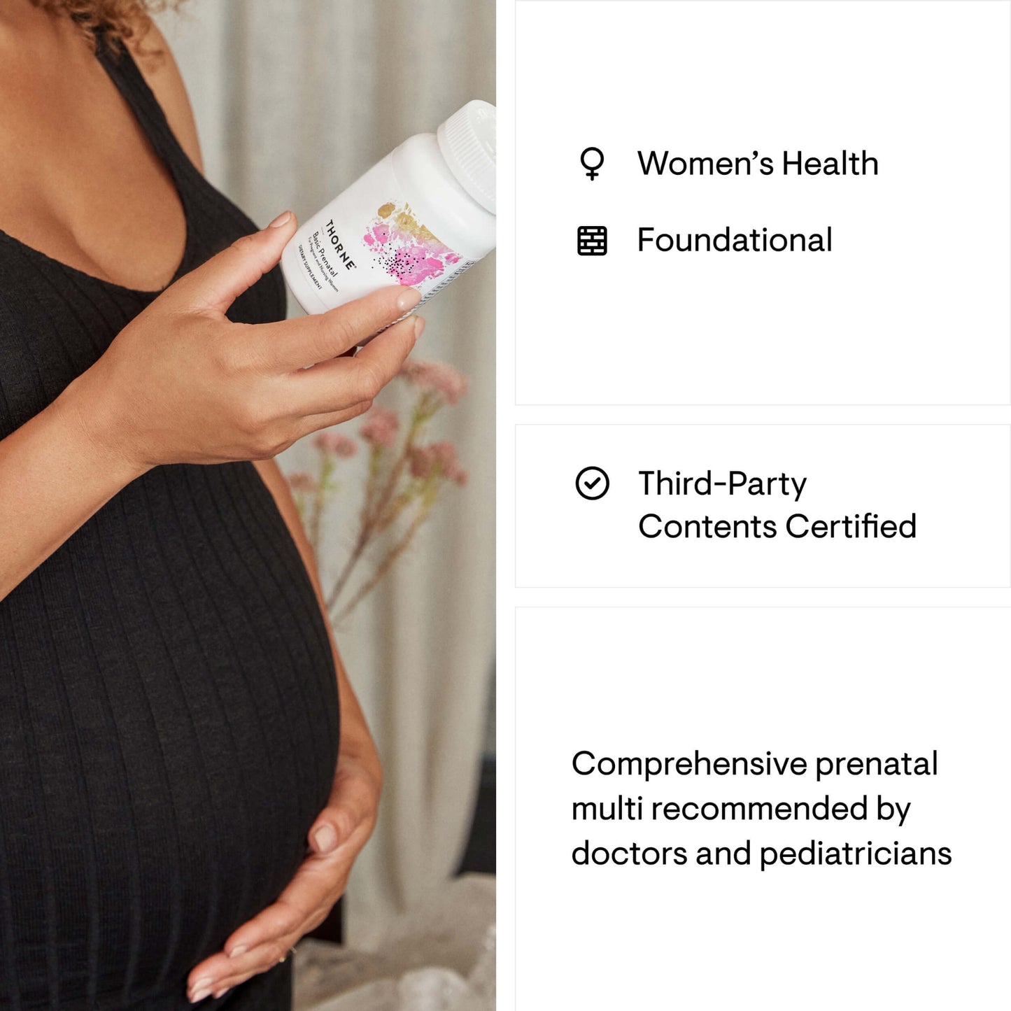 Pregnant woman holding a prenatal supplement bottle with product details on the right.