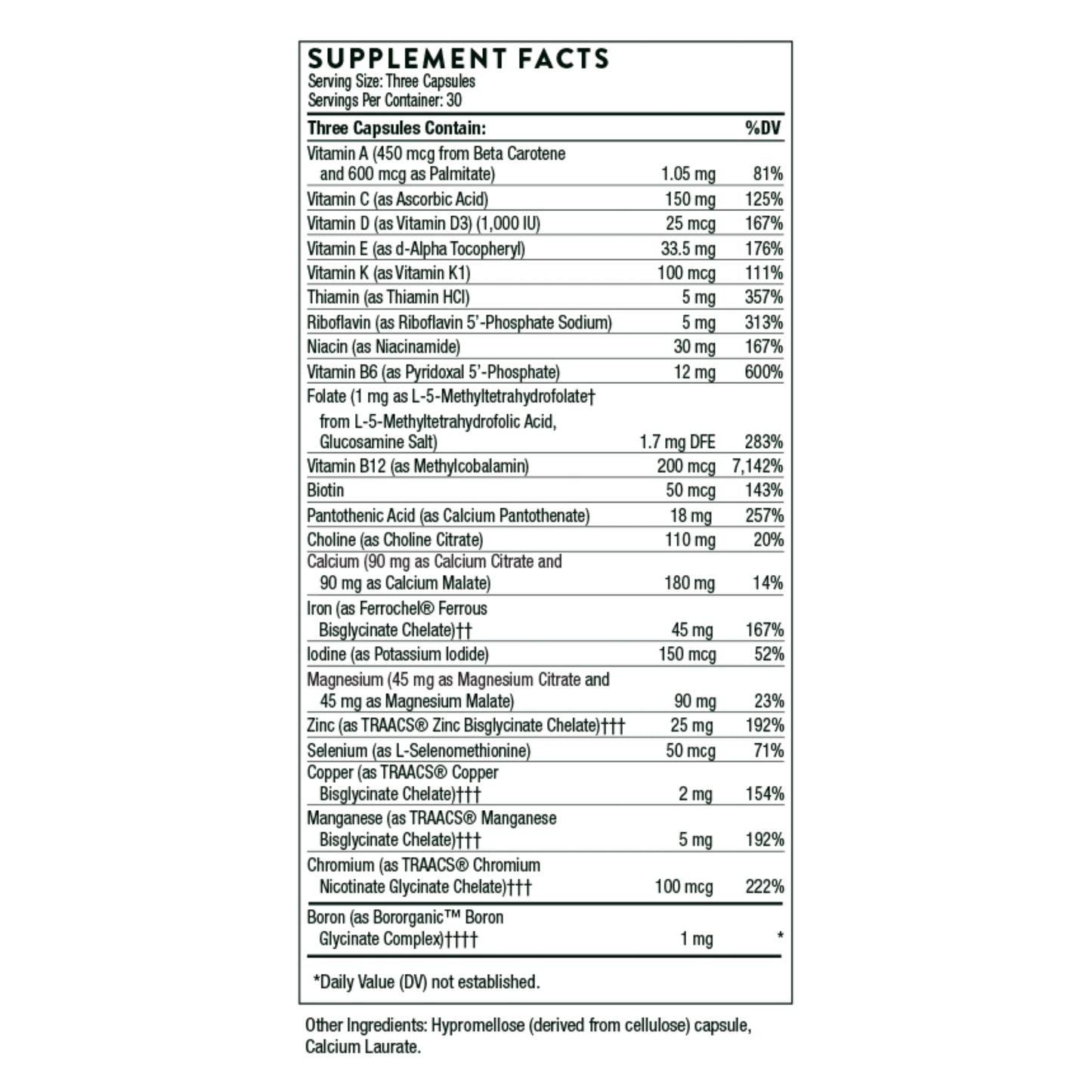 Supplement facts label with detailed nutritional information on a white background
