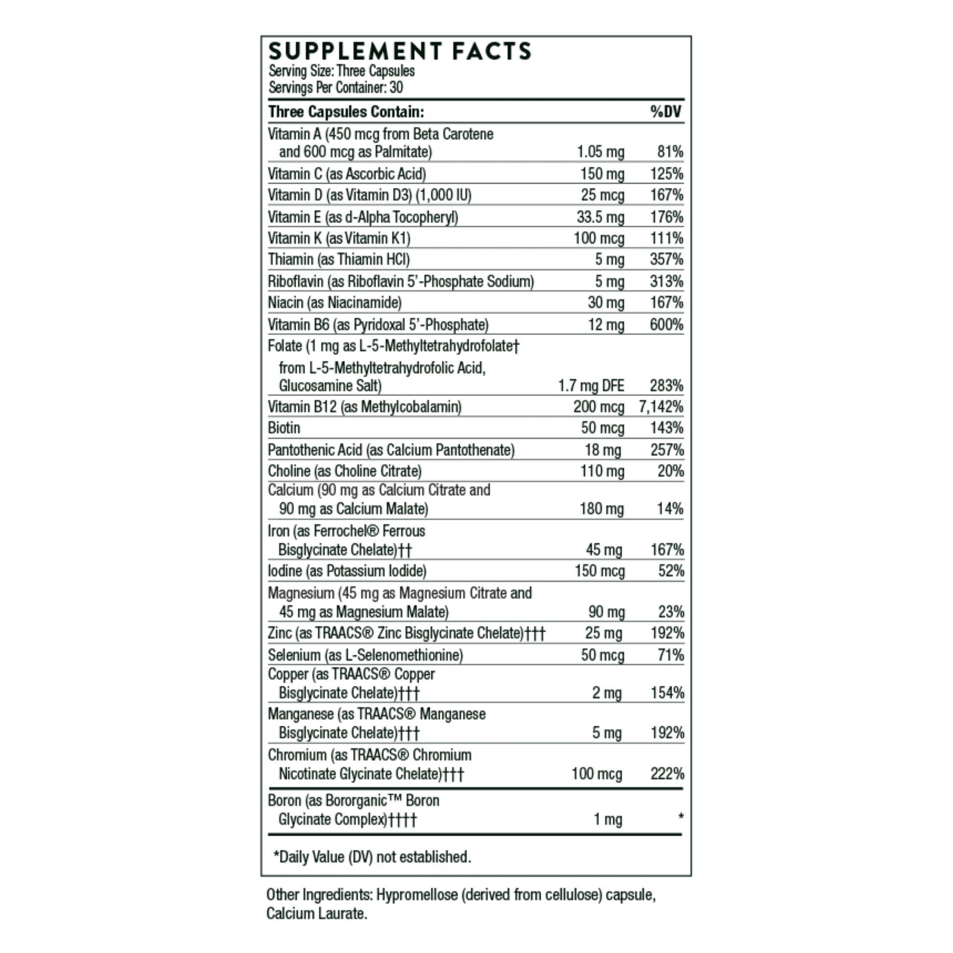 Supplement facts label with detailed nutritional information on a white background