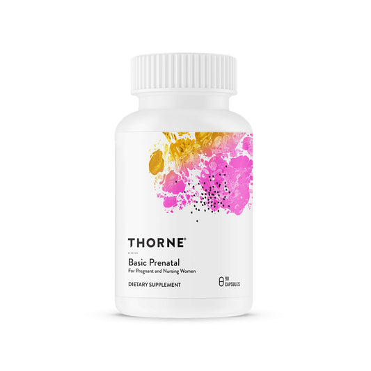 Thorne Basic Prenatal supplement bottle with colorful label on a white background