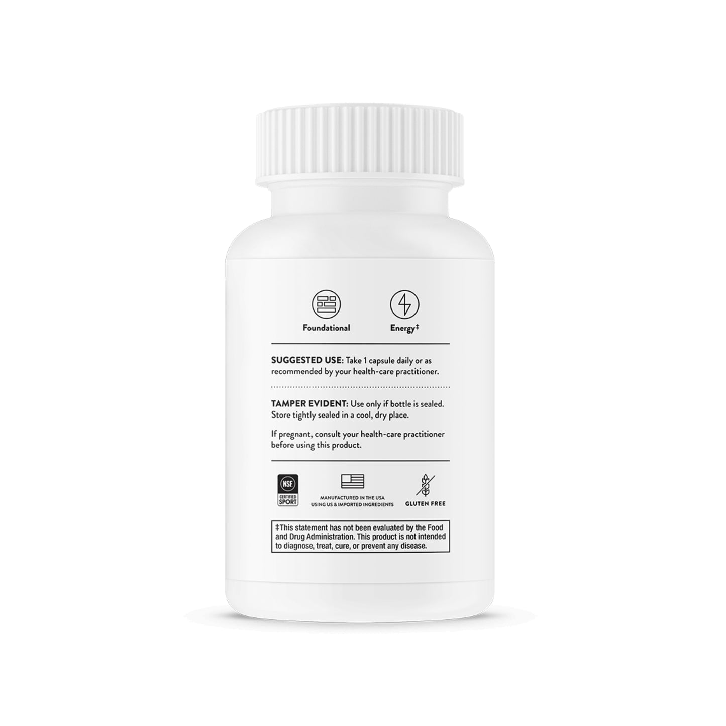 White supplement bottle with label on a white background