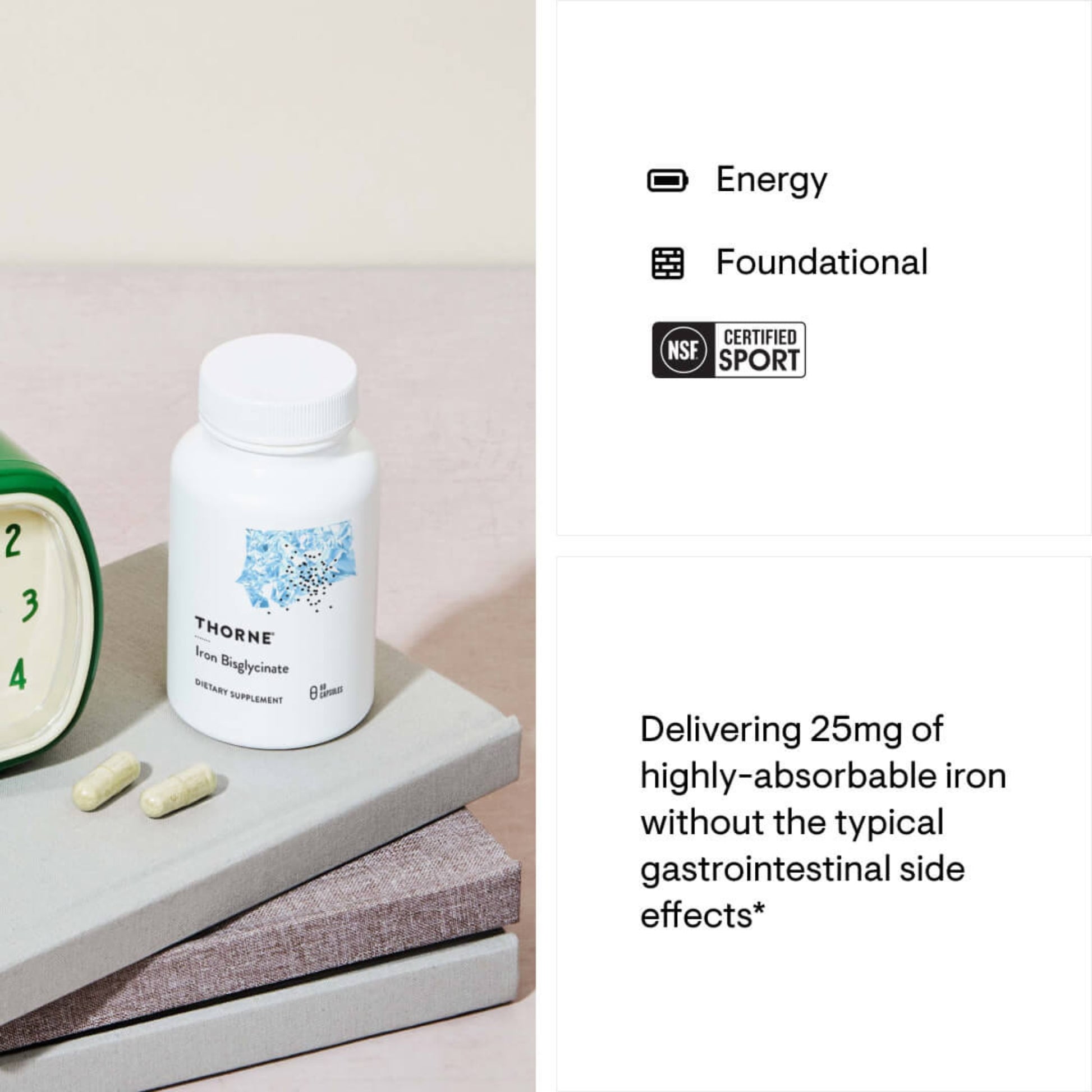 Thorne Research supplement bottle with two capsules on a surface, next to an alarm clock.
