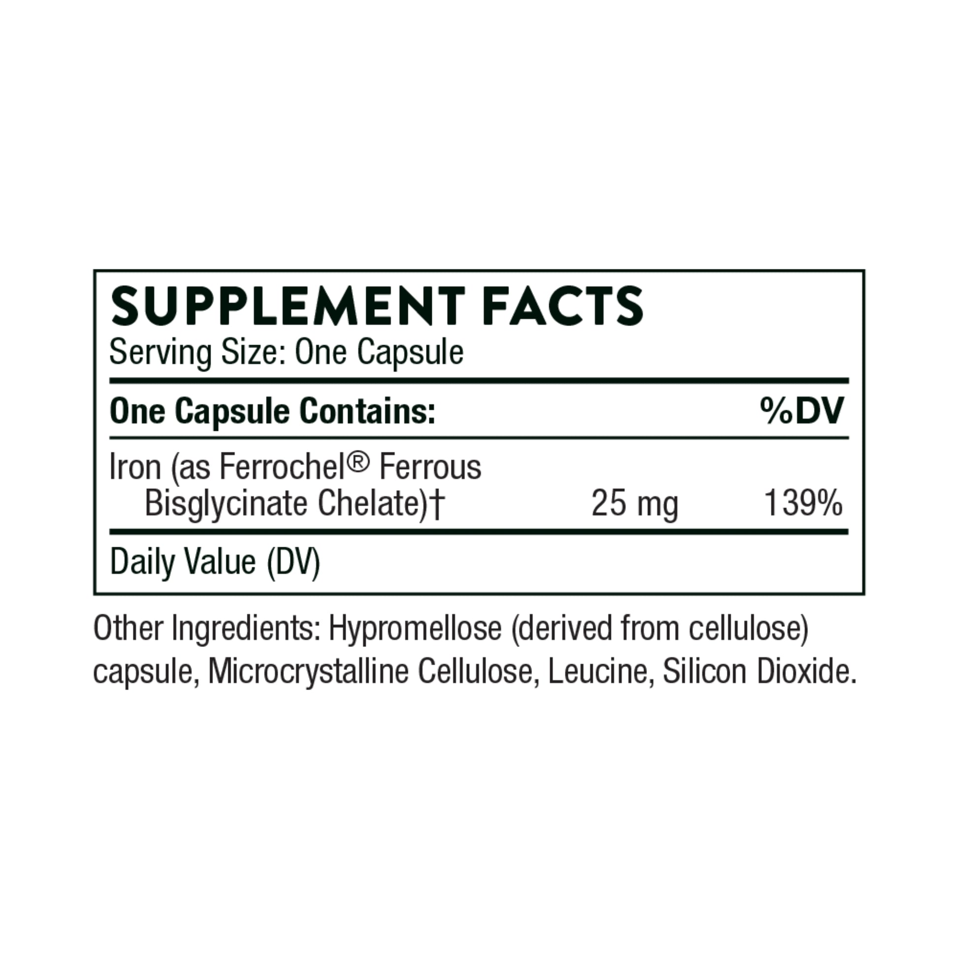 Supplement facts label for a capsule containing iron.
