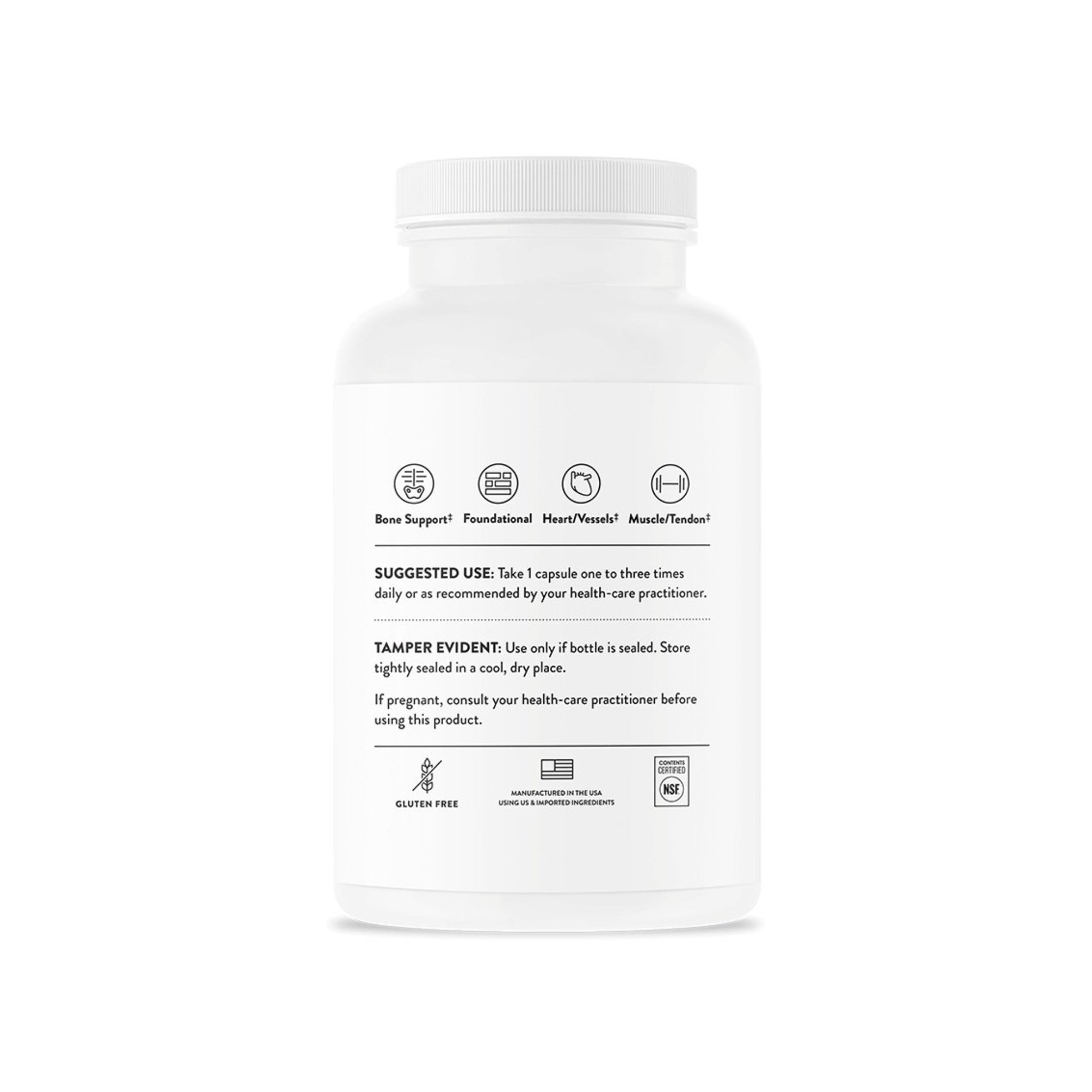 White supplement bottle with label on a white background