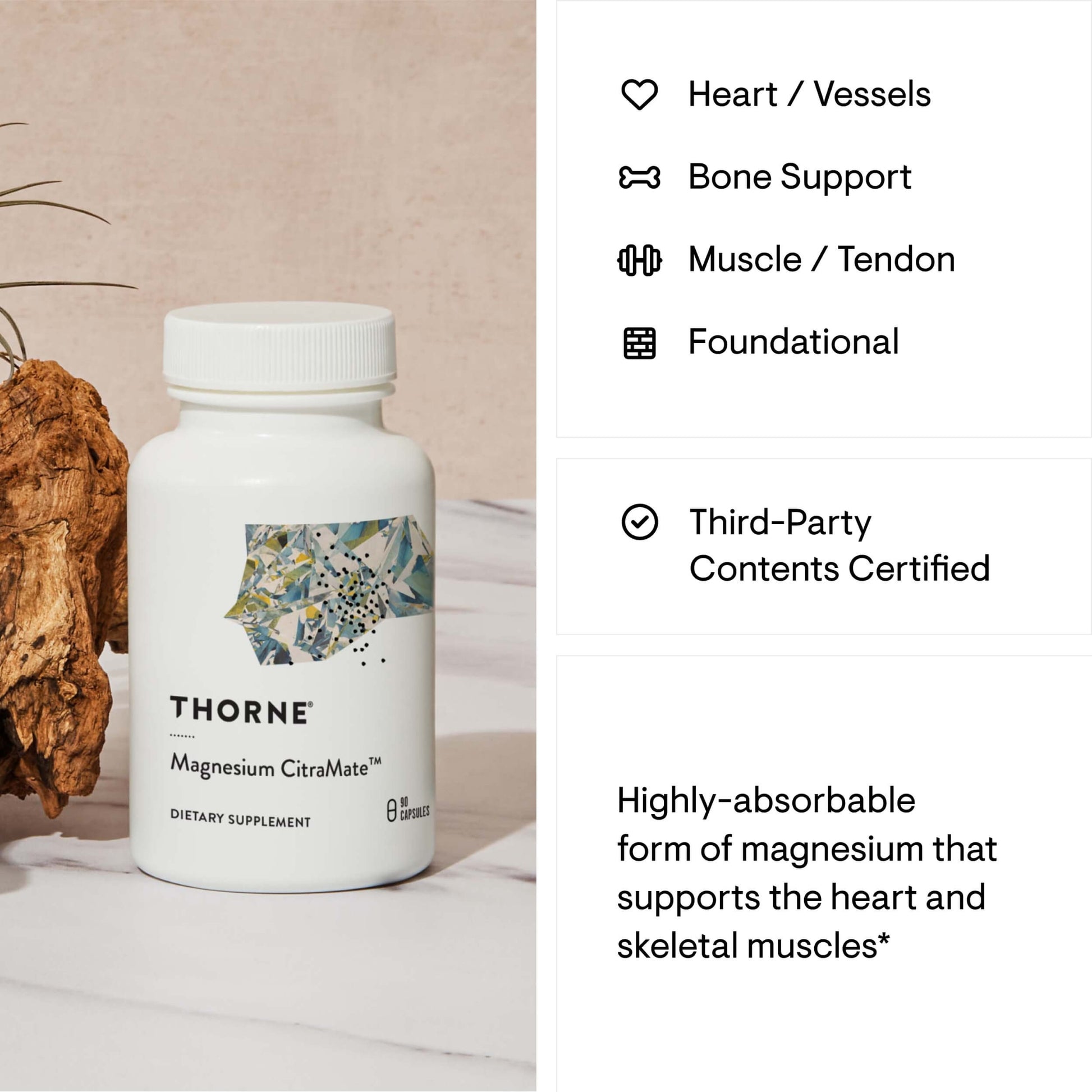 Thorne Magnesium CitraMate dietary supplement bottle with product details on a beige background