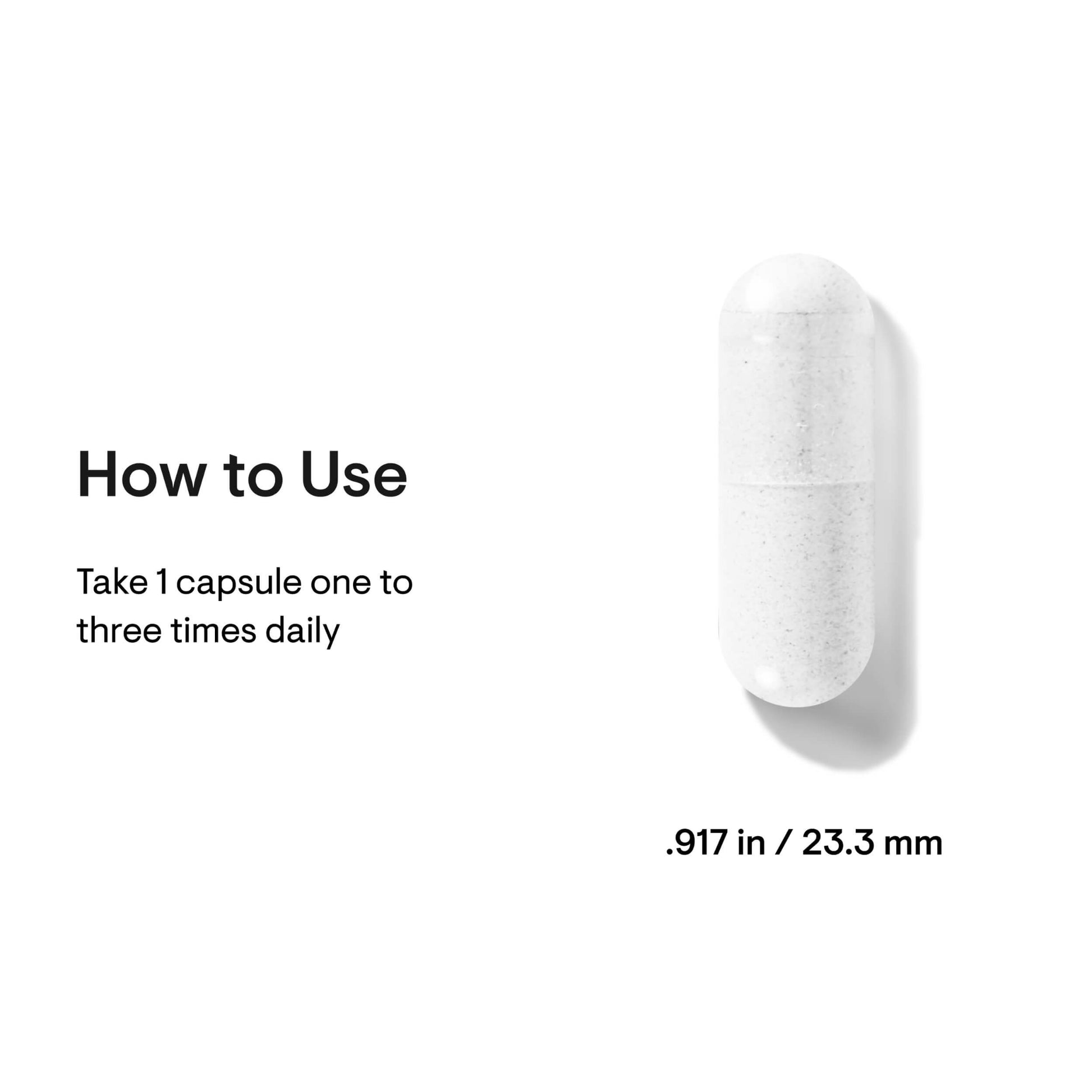 White capsule with text on how to use and dimensions on a white background