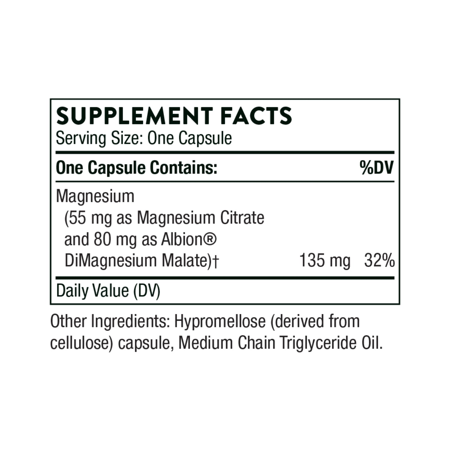Supplement facts label for a magnesium supplement capsule on a white background
