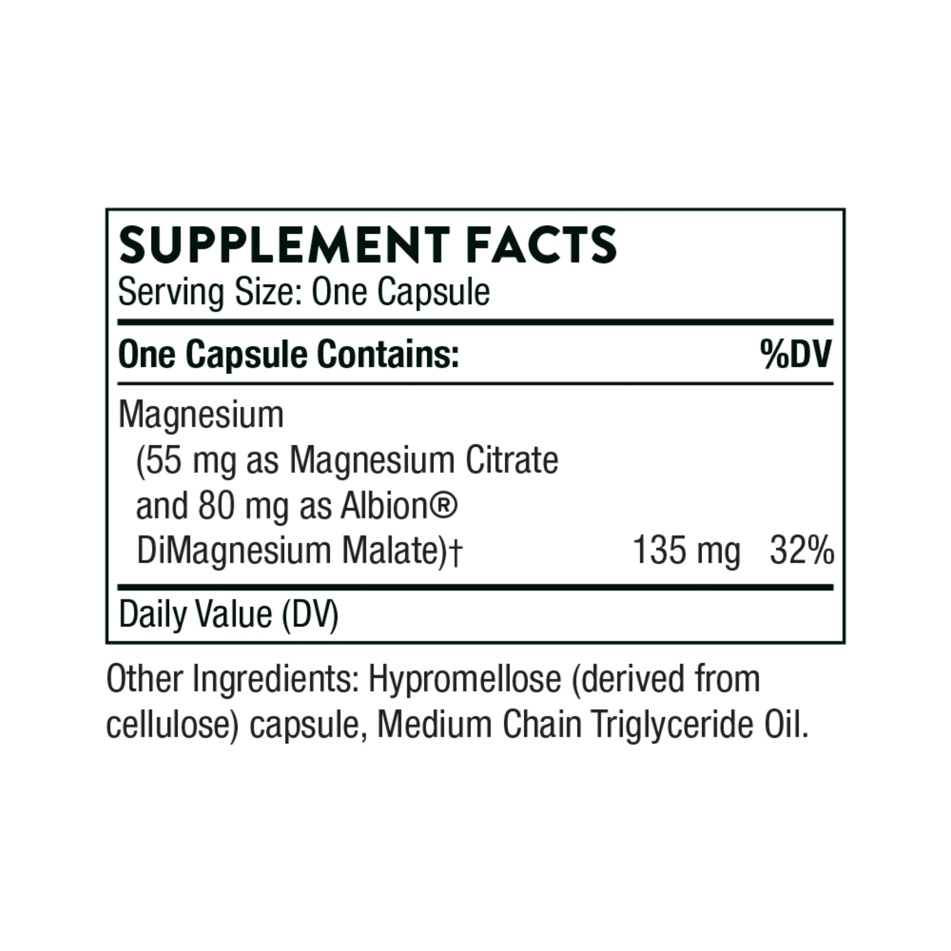 Supplement facts label for a magnesium supplement capsule on a white background