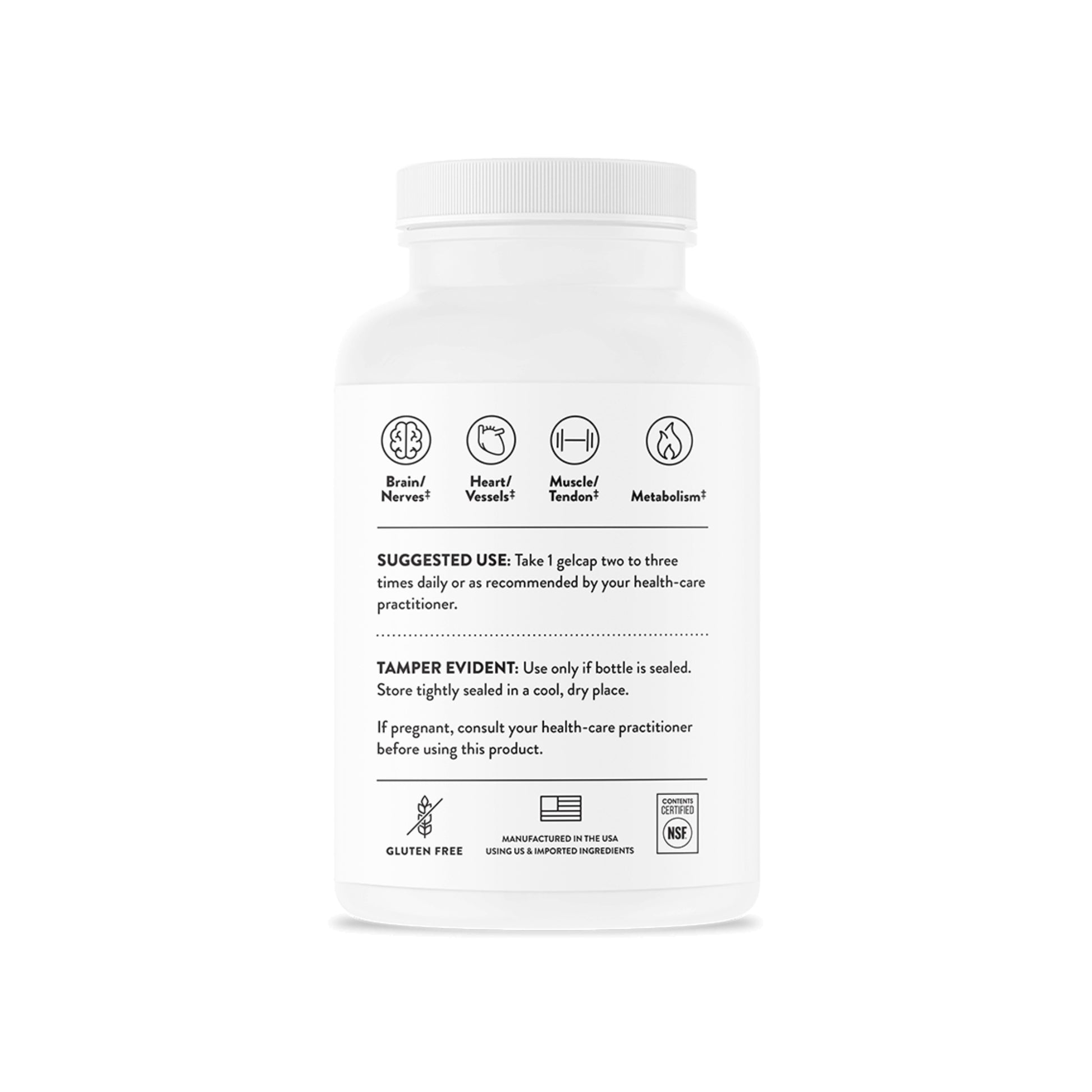 White supplement bottle with label on a white background