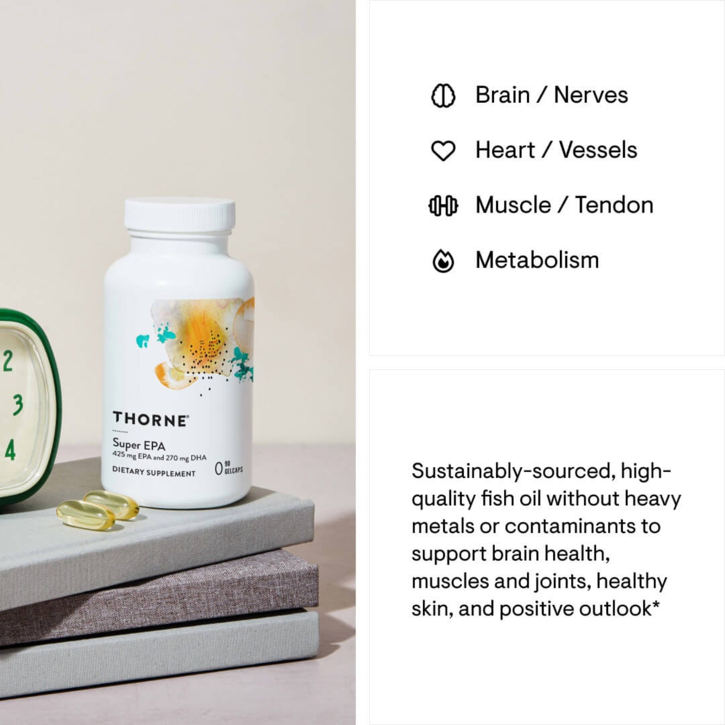 Thorne Super EPA dietary supplement bottle with text highlighting benefits on a neutral background