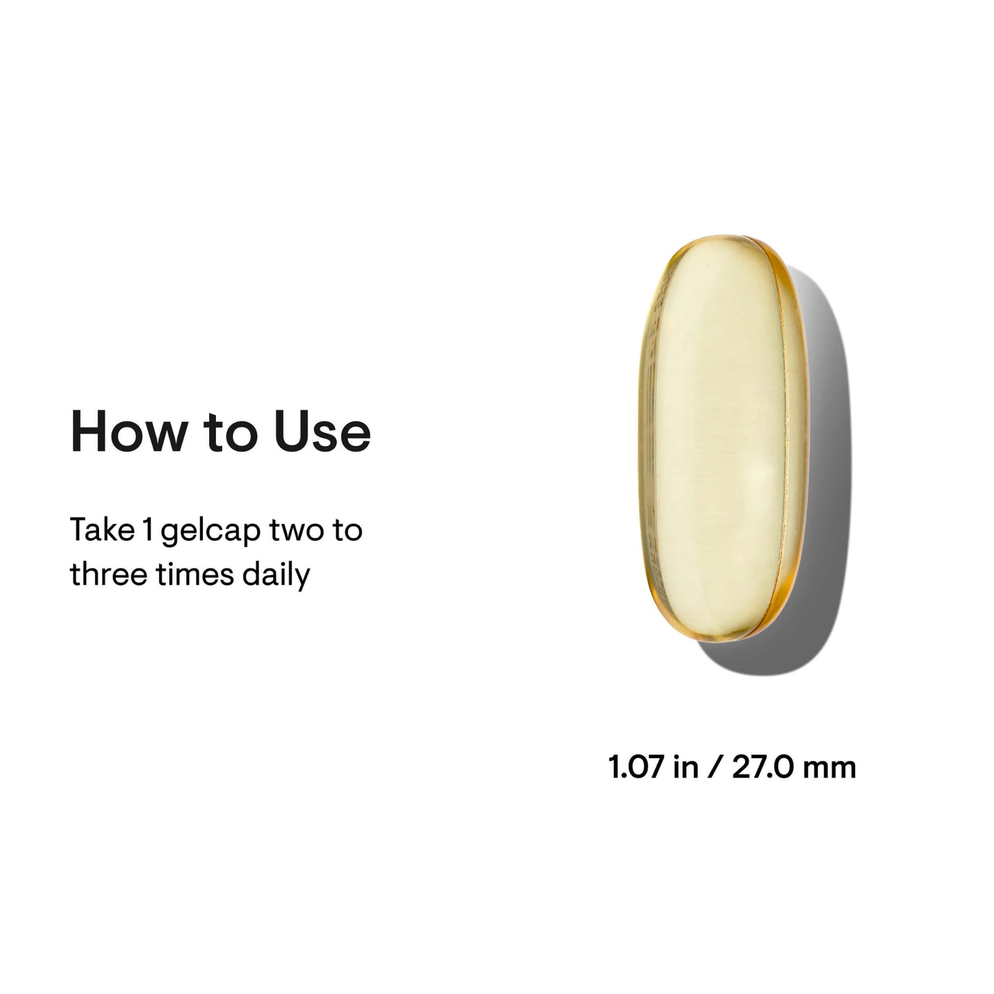Gold gelcap with 'How to Use' text and dimensions on a white background