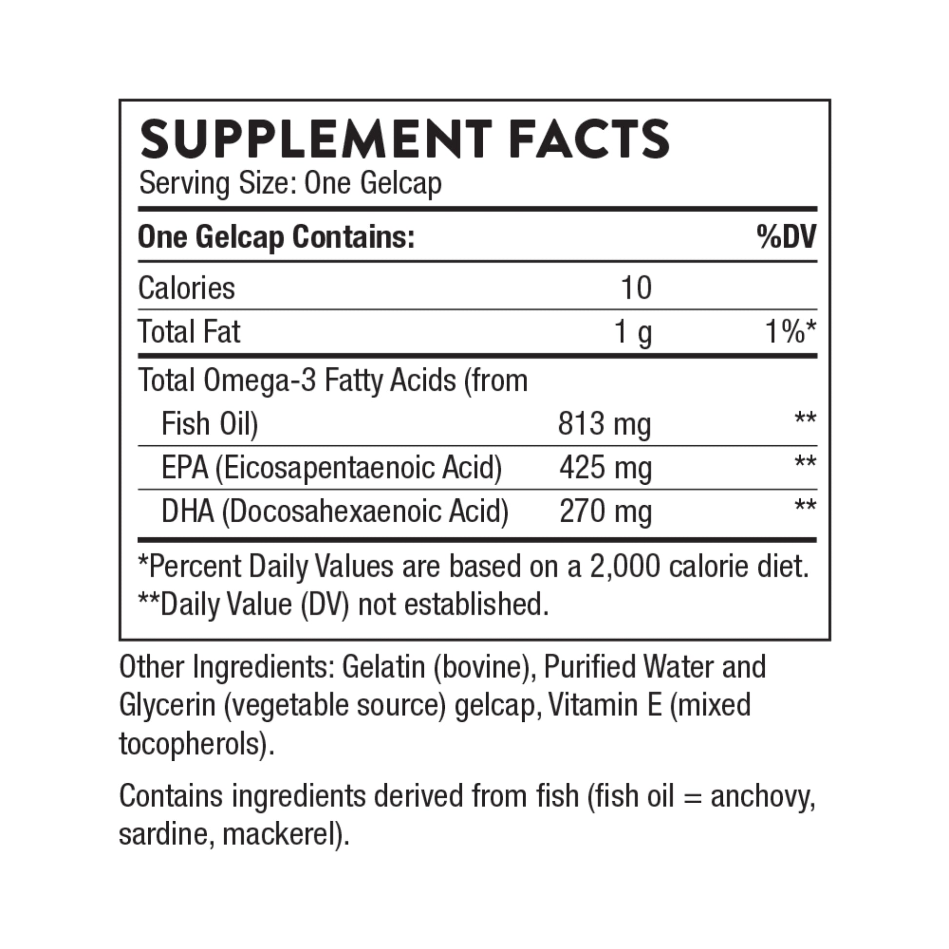 Supplement facts label for a gelcap product with nutritional information.